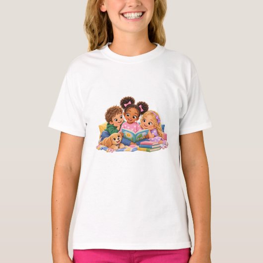 子供たちと一緒の読み聞かせ Tシャツ (正面)