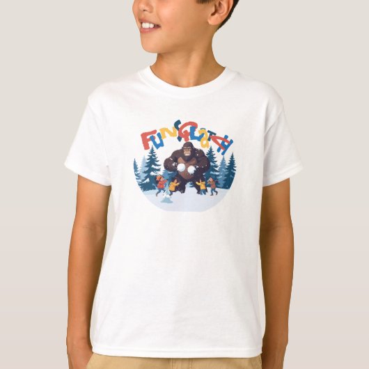 子供たちと雪玉合戦をするサスカッチ Tシャツ (正面)