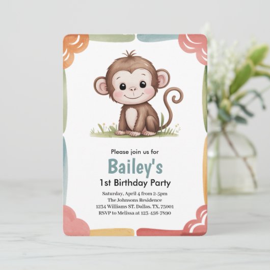 子供たちのかわいいサルジャングル誕生日パーティー 招待状 (スタンド正面)
