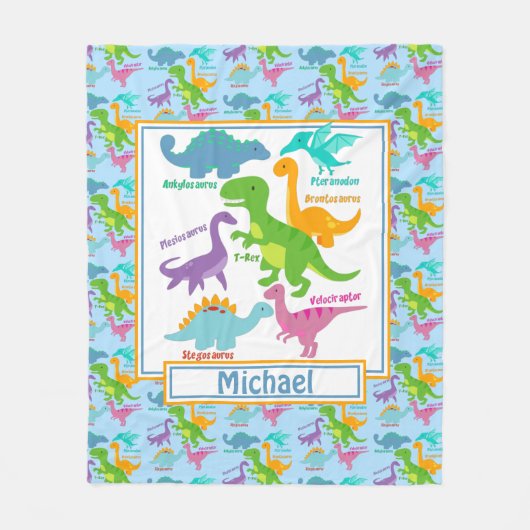 子供たちのかわいい恐竜と名前は青 フリースブランケット (正面)