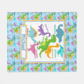 子供たちのかわいい恐竜と名前は青 フリースブランケット (正面(横))