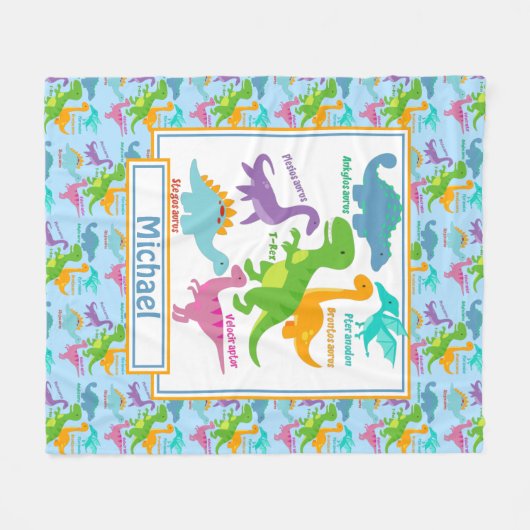 子供たちのかわいい恐竜と名前は青 フリースブランケット (正面(横))