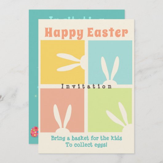 子供たちのために、イースターの卵を集めるための籠を持ってきて 招待状 (正面/裏面)