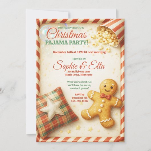 子供たちのクリスマスパジャマパーティー ホリデースリープオーバー 招待状 (正面)