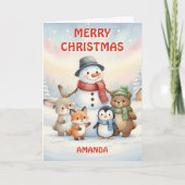 子供たちのクリスマス 雪だるまと小さな動物たち シーズンカード (正面)
