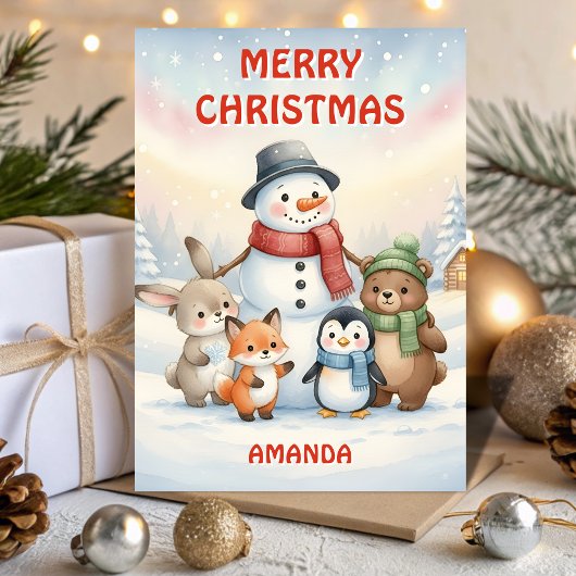 子供たちのクリスマス 雪だるまと小さな動物たち シーズンカード