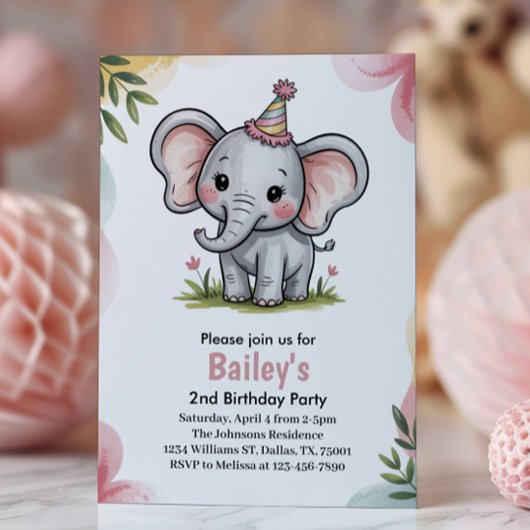 子供たちの可愛いピンクの象の2歳の誕生日パーティー 招待状