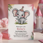 子供たちの可愛いピンクの象の2歳の誕生日パーティー 招待状