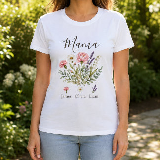子供たちの名前とママのための水彩花柄デザイン Tシャツ