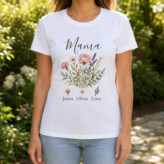 子供たちの名前とママのための水彩花柄デザイン Tシャツ