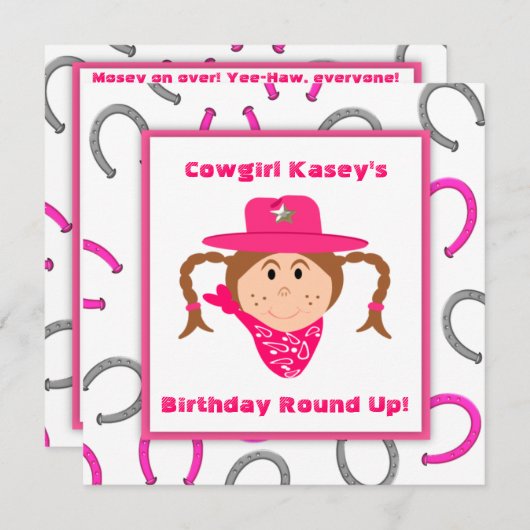 子供たちの女性のカーボーイパーティーブルネットガール誕生日 招待状 (正面/裏面)