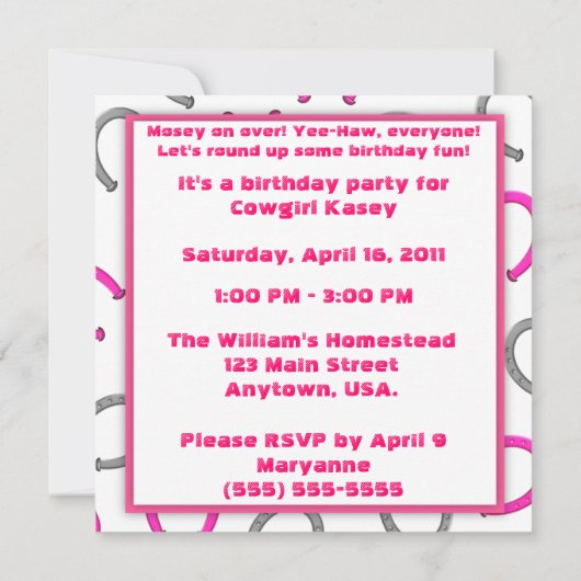 子供たちの女性のカーボーイパーティーブルネットガール誕生日 招待状 (裏面)