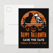 子供たちの幸せなハロウィン スケルトン猫レトロな夕焼け 案内ポストカード (正面/裏面)