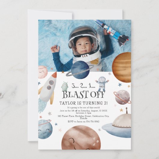 子供たちの水彩外宇宙写真誕生日パーティー 招待状 (正面)