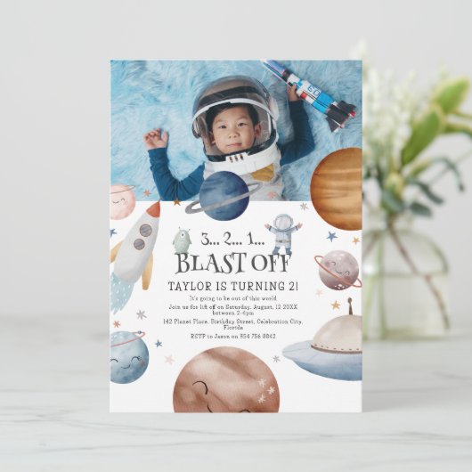 子供たちの水彩外宇宙写真誕生日パーティー 招待状 (スタンド正面)