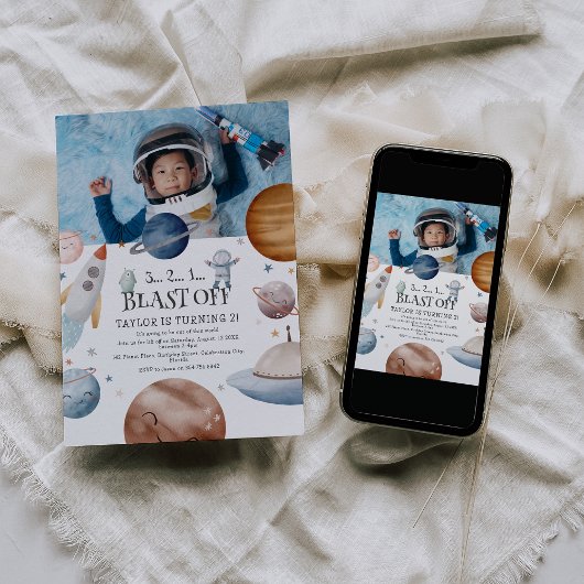 子供たちの水彩外宇宙写真誕生日パーティー 招待状
