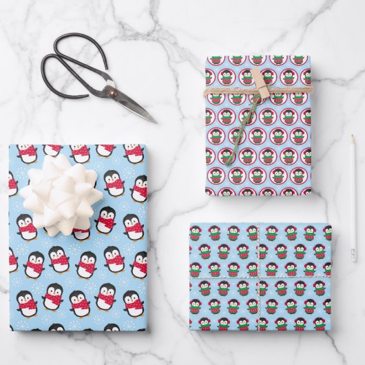 子供たちの遊ぶペンギンのクリスマス ラッピングペーパーシート (正面)