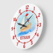 子供たちはセーリングボートアート青い白い壁時計を名前 ラージ壁時計 (傾斜)