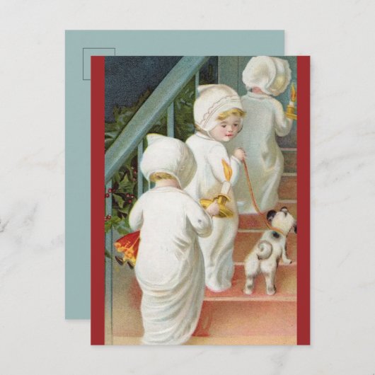 子供たちは犬のクリスマスで階段をつま先で上がる ポストカード (正面/裏面)