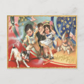子供たちアメリカ国旗の犬の花火 ポストカード (正面)