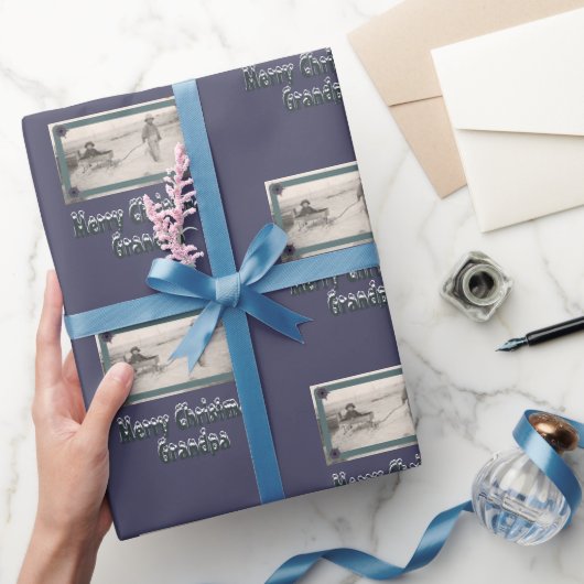 子供たち写真メリークリスマスグランドパパープル ラッピングペーパー (ギフト)