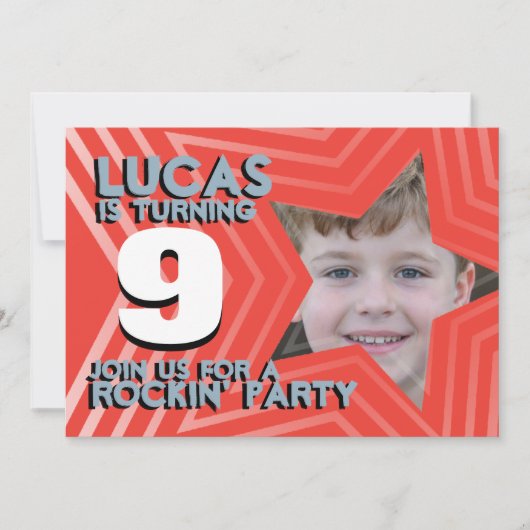 子供たち写真少年9thバースデーパーティー赤いブルー招待状 招待状 (正面)