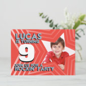 子供たち写真少年9thバースデーパーティー赤いブルー招待状 招待状 (スタンド正面)