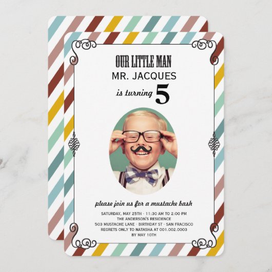 子供たち口ひげ誕生日パーティフォト招待状 招待状 (正面/裏面)