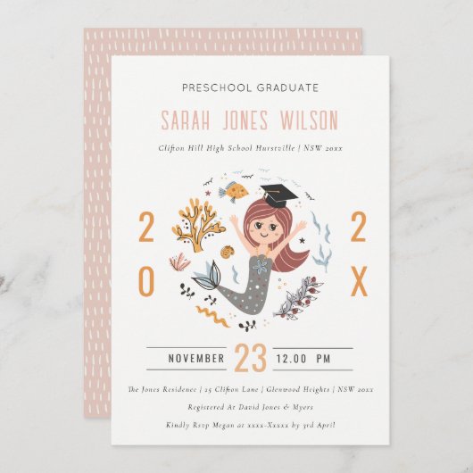 子供たち水中マーメイドプリスクール卒業パーティー 招待状 (正面/裏面)