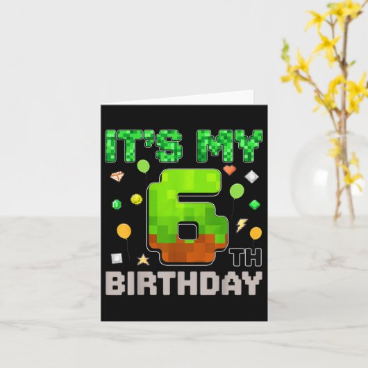 子供たち私の6番目の誕生日ボーイゲームのピクセルゲーマーPa カード (黄色い花)