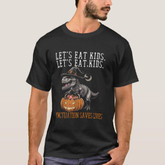 子供たち食べの恐竜ゾンビのトリックで恐竜を扱う Tシャツ