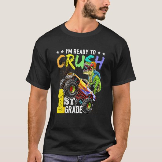 子供たち1年生の恐竜モンスタートラック戻るScho Tシャツ (正面)