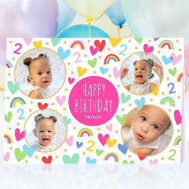 子供たち2歳の誕生日かわいい虹の写真ハートピンク カード