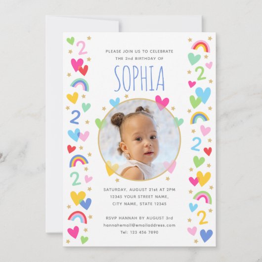 子供たち2歳の誕生日かわいい虹の写真ハートピンク 招待状 (正面)