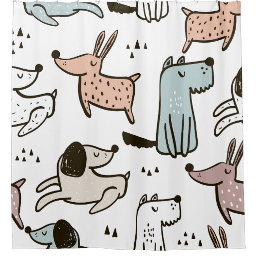 子供っぽい犬、手描き、トレンディーパターン。 シャワーカーテン (正面)
