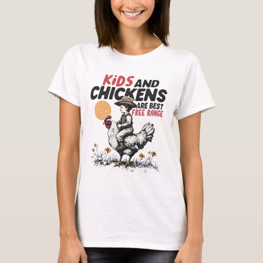 子供とニワトリの放し飼い 田舎風デザイン Tシャツ (正面)