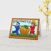 子供とビッグカボチャヴィンテージハロウィーンカード カード (黄色い花)