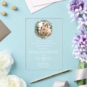子供と一緒の結婚式の緑の写真の結婚式 アクリル招待状 (インサイチュ (ウェディング))