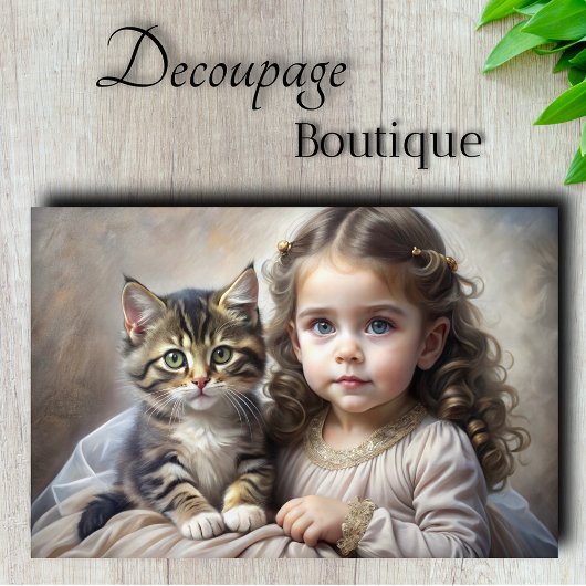 子供と子猫の肖像画デコパージュ 薄葉紙