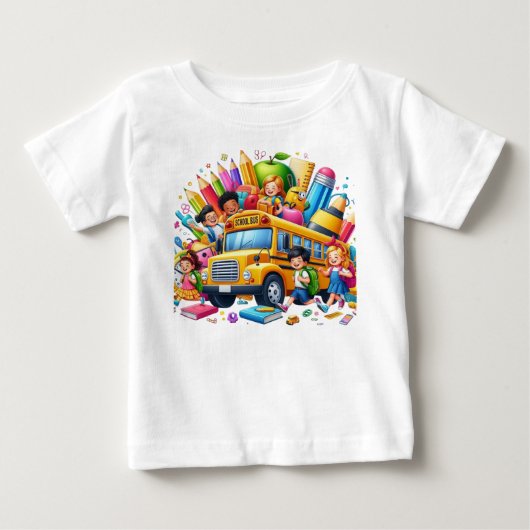 子供と学校バスの新学期バッシュ ベビーTシャツ (正面)