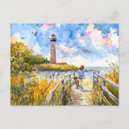 子供と犬の水彩付きのライトハウストレイル シーズンポストカード