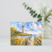 子供と犬の水彩付きのライトハウストレイル シーズンポストカード (スタンド正面)