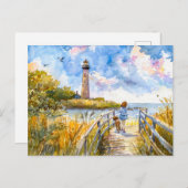 子供と犬の水彩付きのライトハウストレイル シーズンポストカード (正面/裏面)