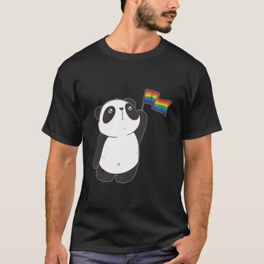 子供と虹の旗を持つパンダ Tシャツ (正面)