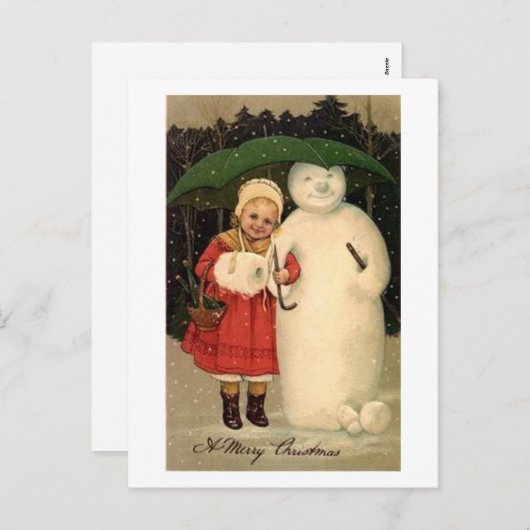 子供と雪だるまクリスマスカード シーズンポストカード (正面/裏面)