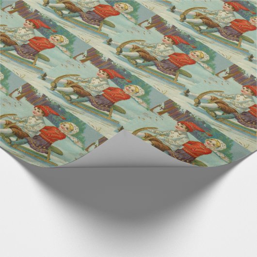 子供とSleddingヴィンテージのクリスマス ラッピングペーパー (角)