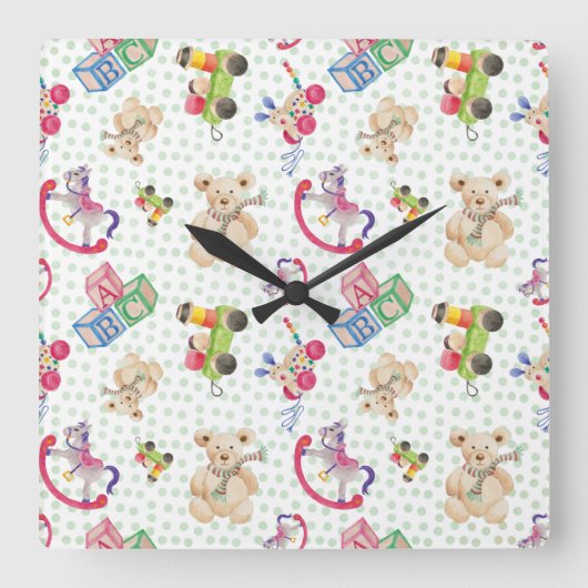 子供のおもちゃのパターン スクエア壁時計 (正面)