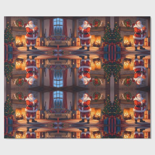 子供のおもちゃを届けるサンタ、サンタを引っ張るトナカイ ラッピングペーパー (フラット)