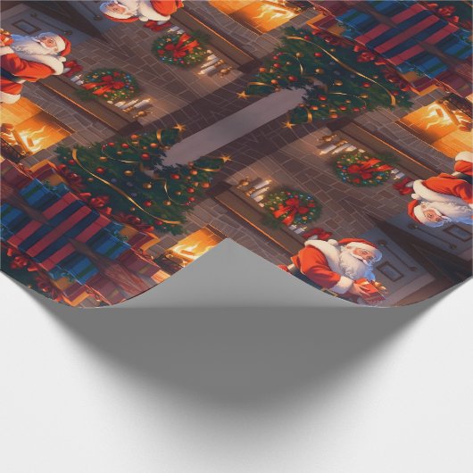 子供のおもちゃを届けるサンタ、サンタを引っ張るトナカイ ラッピングペーパー (角)