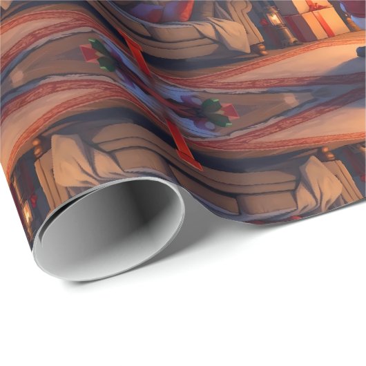 子供のおもちゃを届けるサンタ、サンタを引っ張るトナカイ ラッピングペーパー (ロールコーナー)